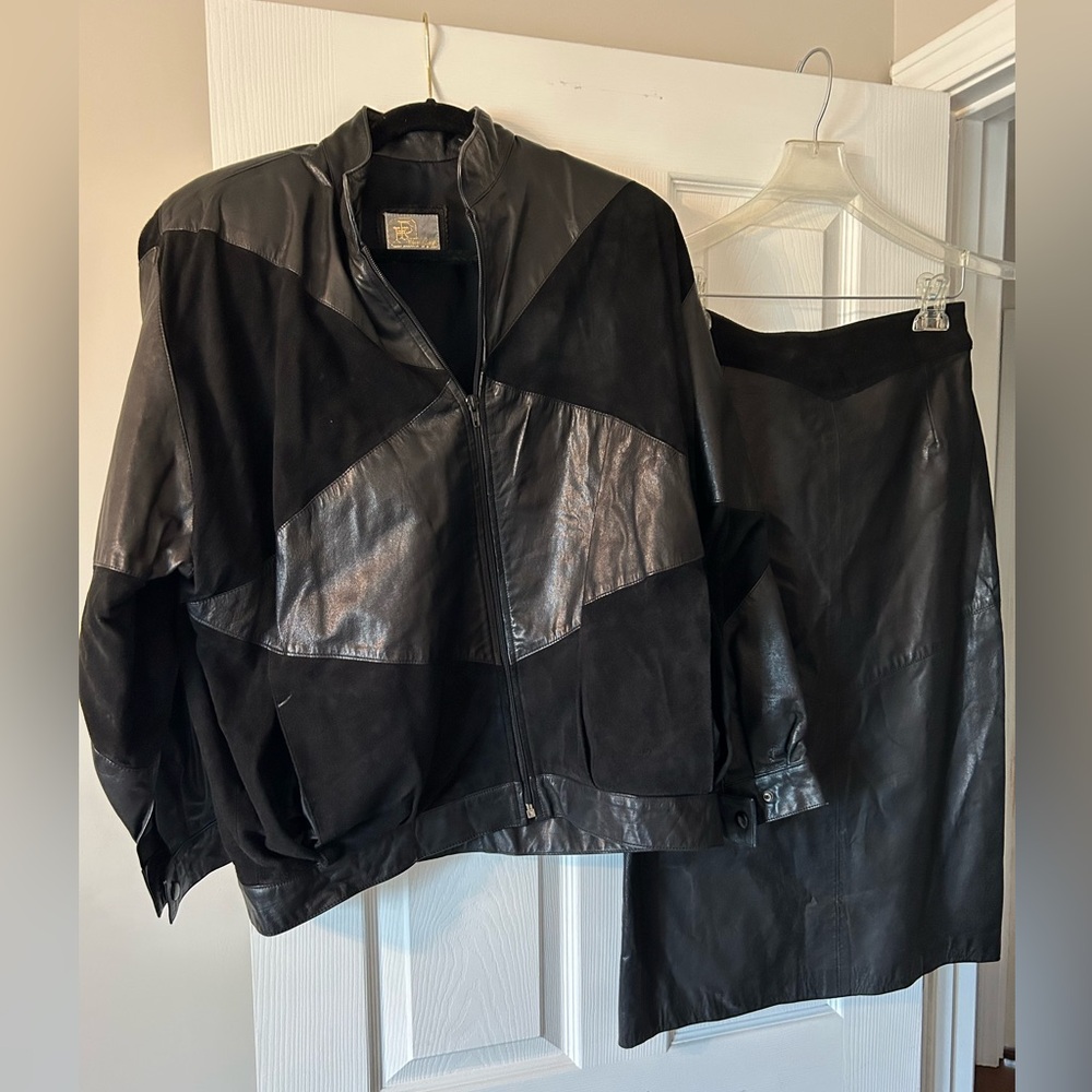 Suede and leather jacket and skirt